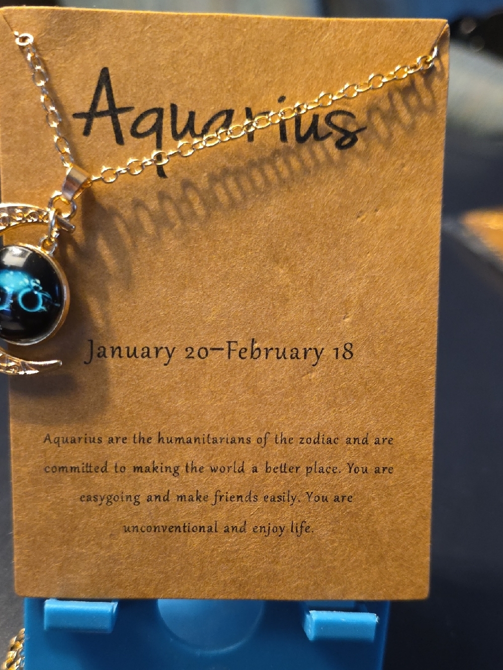 Aquarius Gold-Tone Crescent Moon Necklace with Black Zodiac Pendant - Picture 7 of 9